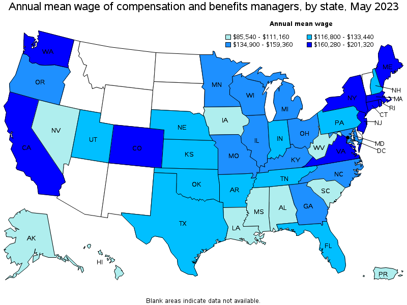 Map of annual mean wages of compensation and benefits managers by state, May 2023
