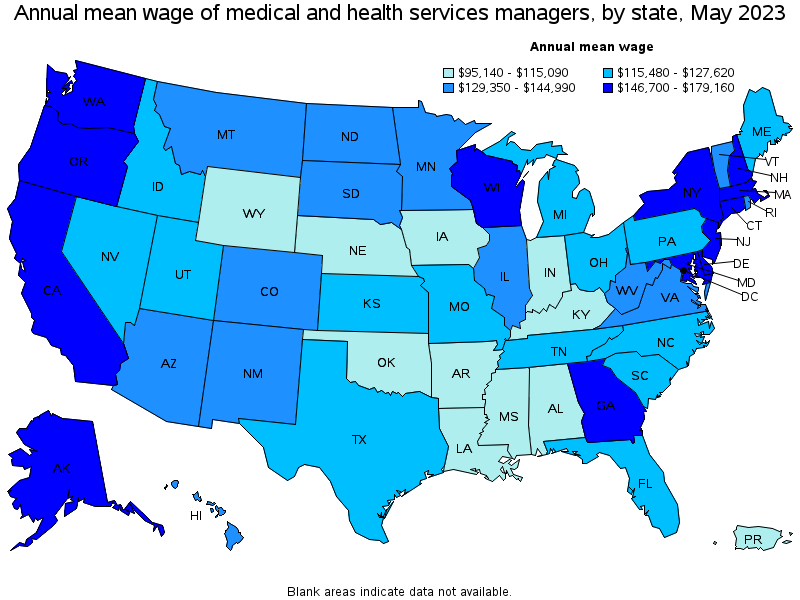 Map of annual mean wages of medical and health services managers by state, May 2023