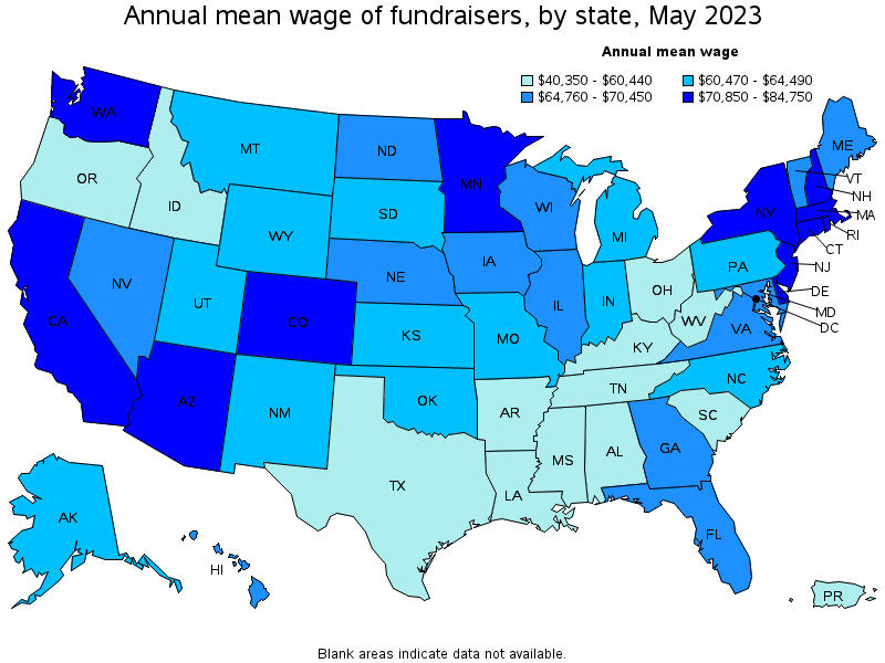 Map of annual mean wages of fundraisers by state, May 2023