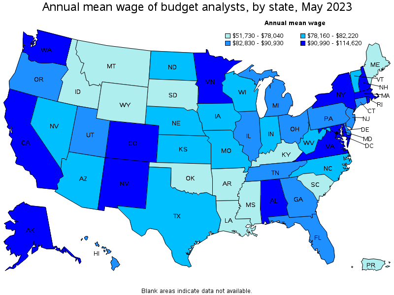 Map of annual mean wages of budget analysts by state, May 2023