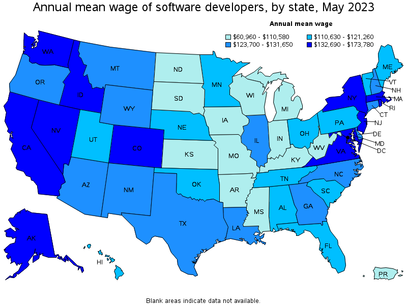 Map of annual mean wages of software developers by state, May 2023