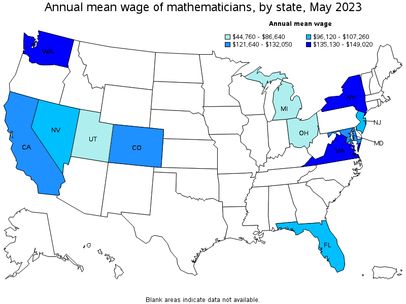 Map of annual mean wages of mathematicians by state, May 2023