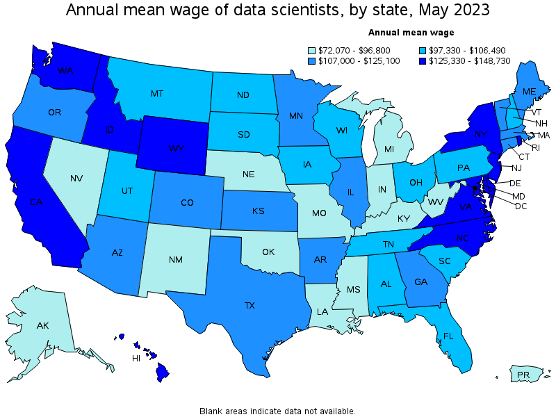 Map of annual mean wages of data scientists by state, May 2023