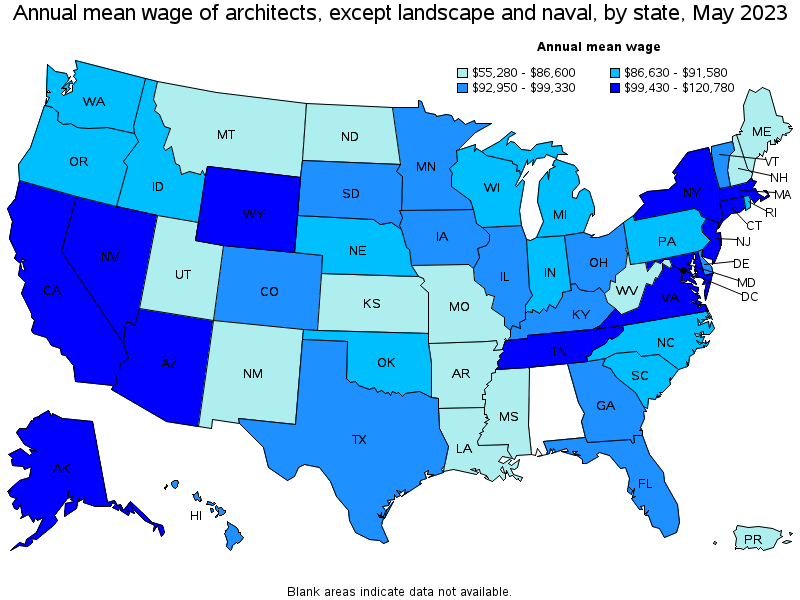 Map of annual mean wages of architects, except landscape and naval by state, May 2023