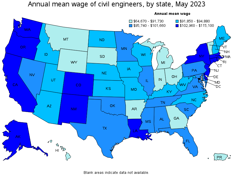 Map of annual mean wages of civil engineers by state, May 2023