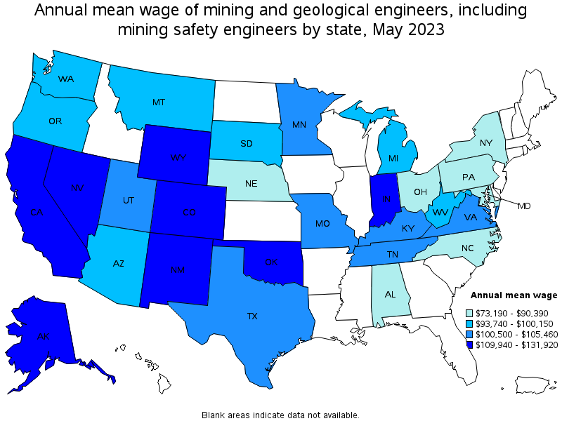 Map of annual mean wages of mining and geological engineers, including mining safety engineers by state, May 2023