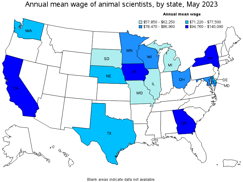 Map of annual mean wages of animal scientists by state, May 2023