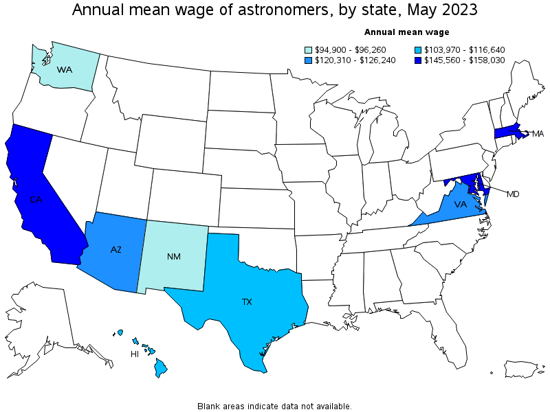 Map of annual mean wages of astronomers by state, May 2023