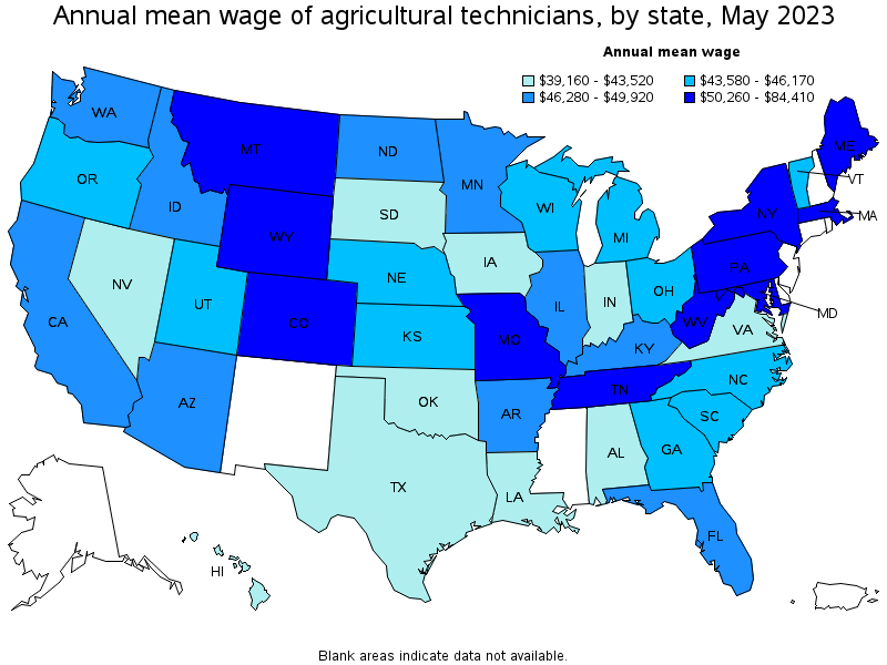 Map of annual mean wages of agricultural technicians by state, May 2023