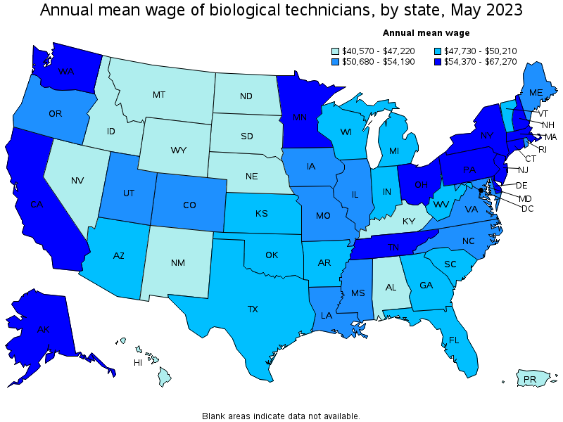 Map of annual mean wages of biological technicians by state, May 2023
