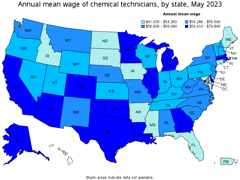Map of annual mean wages of chemical technicians by state, May 2023