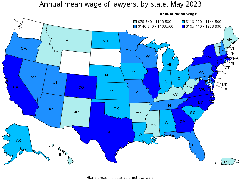 Map of annual mean wages of lawyers by state, May 2023