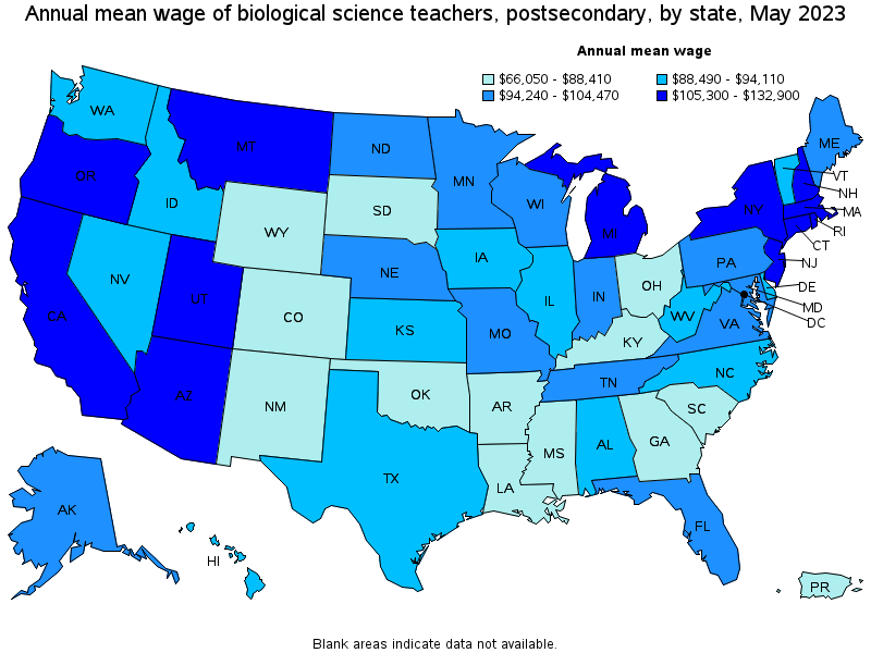 Map of annual mean wages of biological science teachers, postsecondary by state, May 2023
