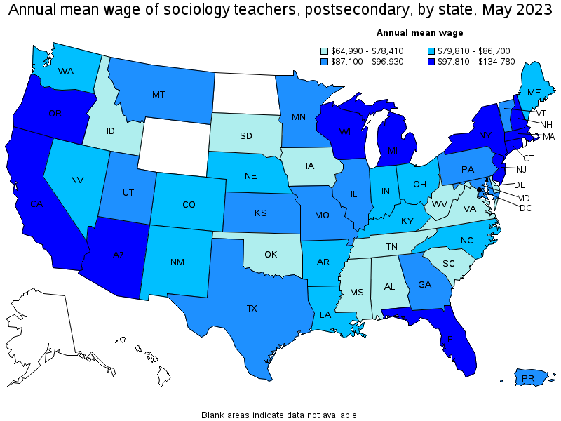 Map of annual mean wages of sociology teachers, postsecondary by state, May 2023