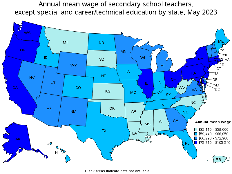 Map of annual mean wages of secondary school teachers, except special and career/technical education by state, May 2023