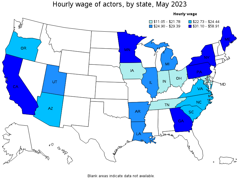 Map of annual mean wages of actors by state, May 2023