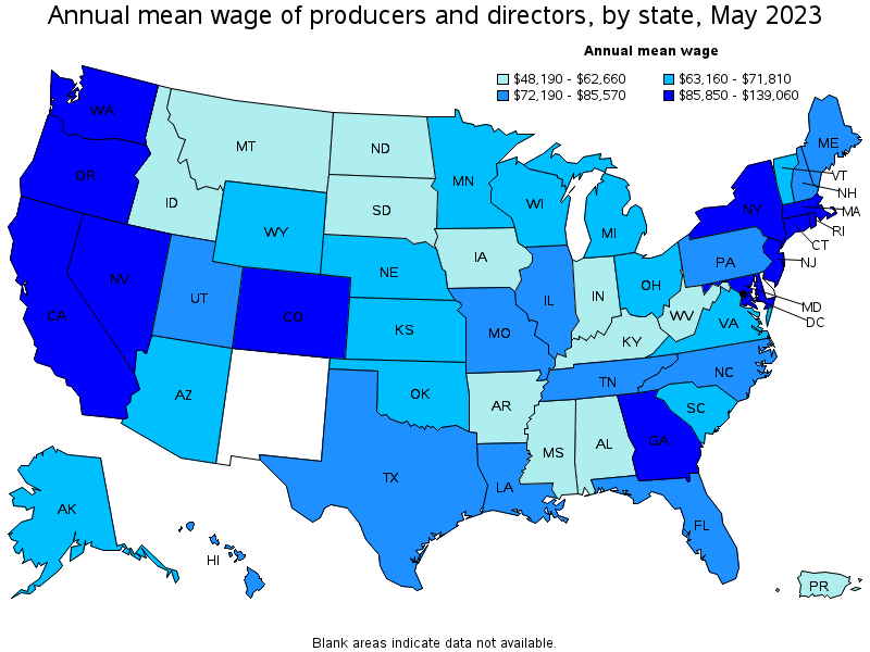 Map of annual mean wages of producers and directors by state, May 2023