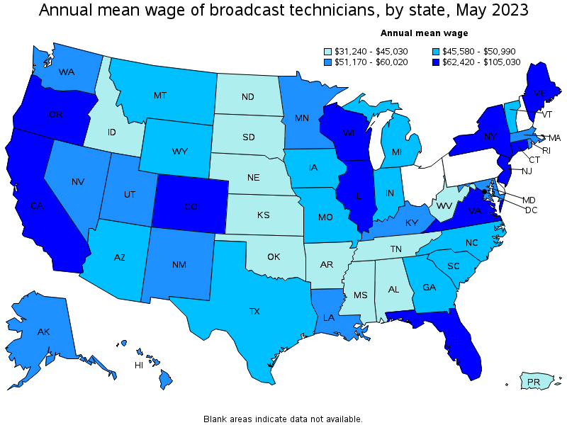 Map of annual mean wages of broadcast technicians by state, May 2023