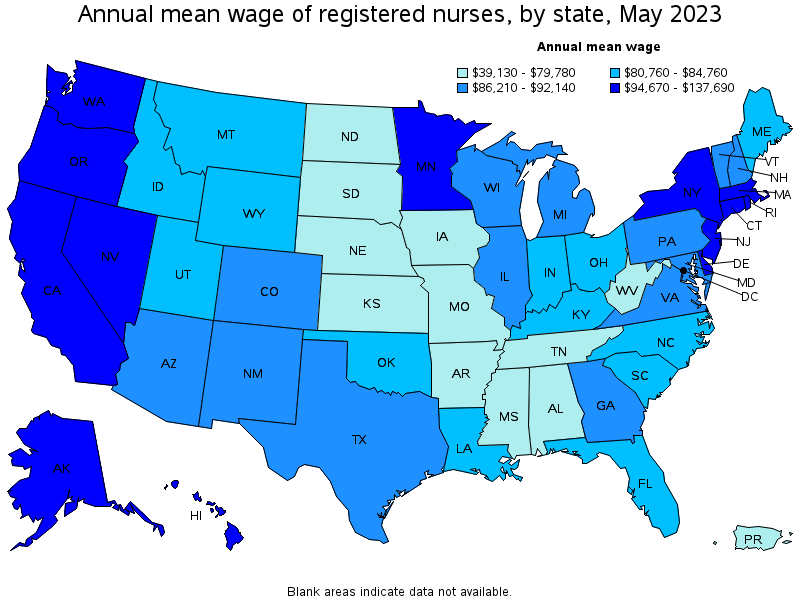 Map of annual mean wages of registered nurses by state, May 2023