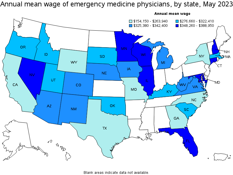 Map of annual mean wages of emergency medicine physicians by state, May 2023