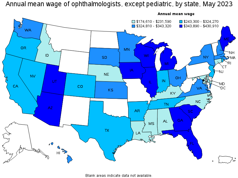 Map of annual mean wages of ophthalmologists, except pediatric by state, May 2023
