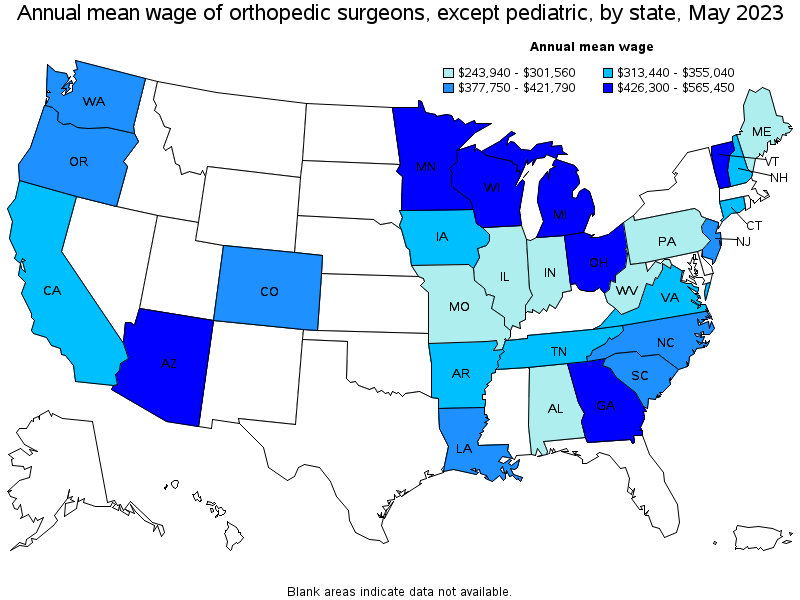 Map of annual mean wages of orthopedic surgeons, except pediatric by state, May 2023