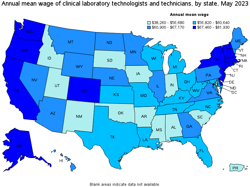 Map of annual mean wages of clinical laboratory technologists and technicians by state, May 2023
