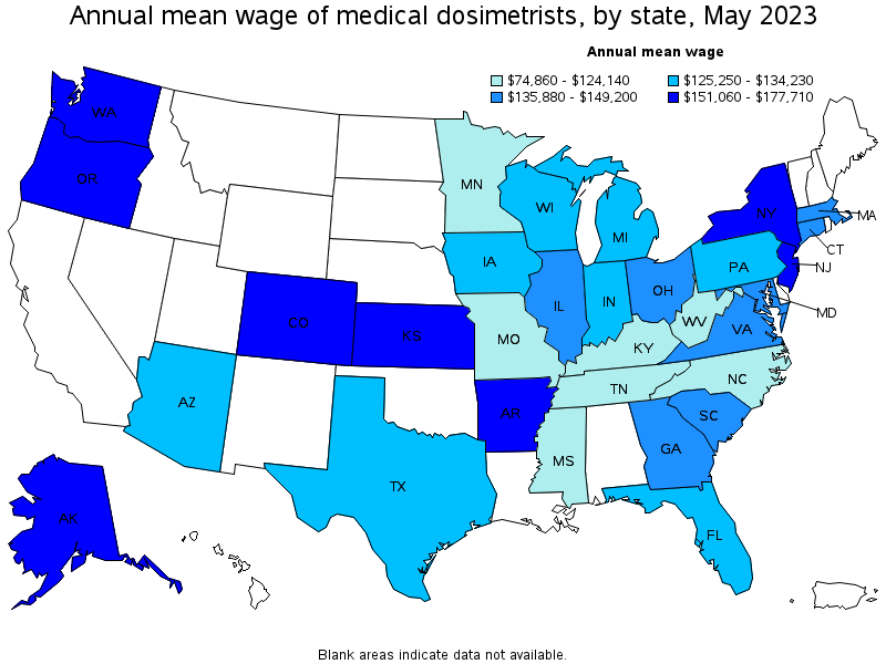 Map of annual mean wages of medical dosimetrists by state, May 2023