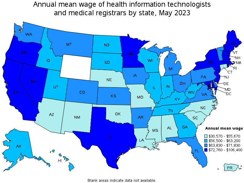 Map of annual mean wages of health information technologists and medical registrars by state, May 2023