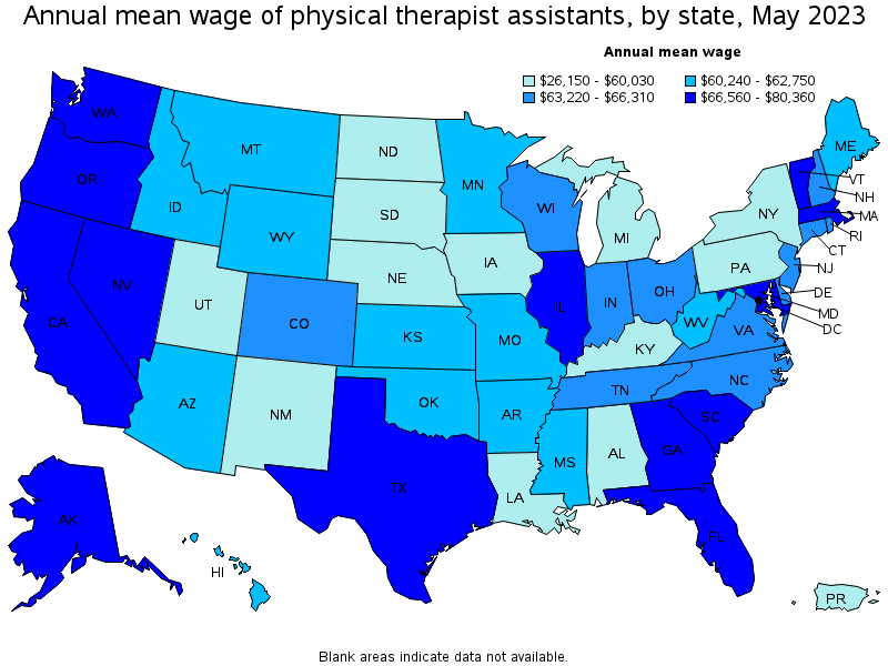 Map of annual mean wages of physical therapist assistants by state, May 2023