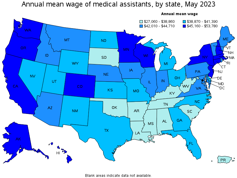 Map of annual mean wages of medical assistants by state, May 2023