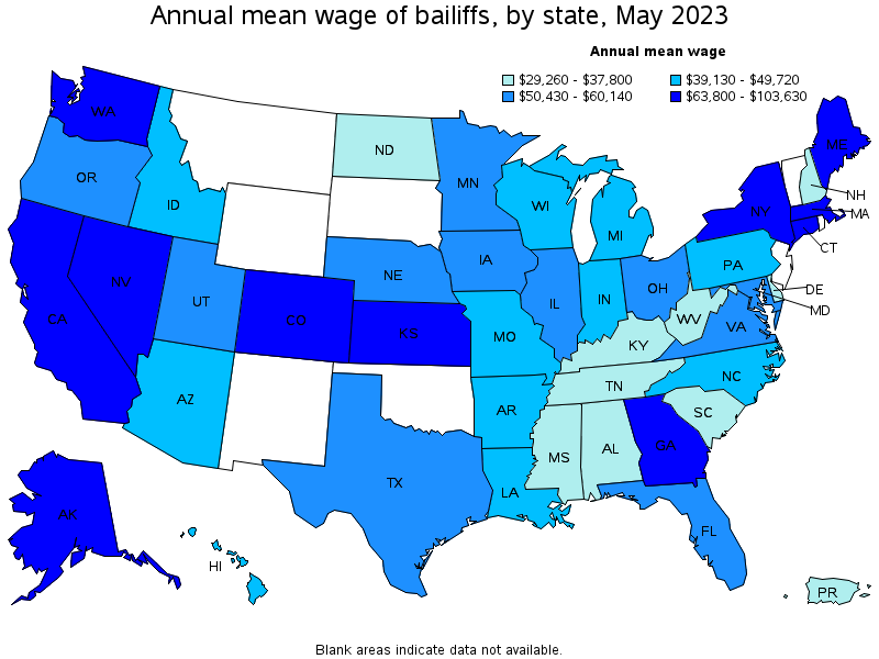 Map of annual mean wages of bailiffs by state, May 2023