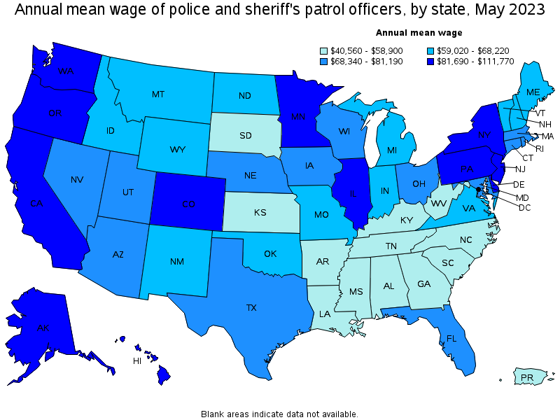 Map of annual mean wages of police and sheriff's patrol officers by state, May 2023