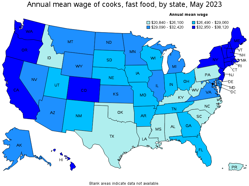 Map of annual mean wages of cooks, fast food by state, May 2023