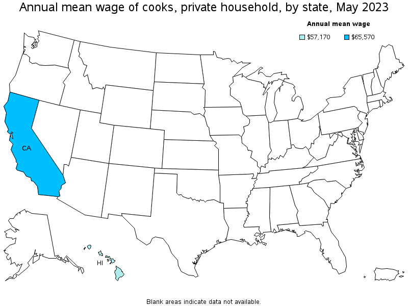 Map of annual mean wages of cooks, private household by state, May 2023