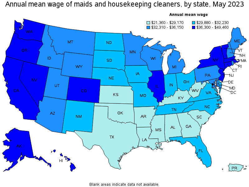 Map of annual mean wages of maids and housekeeping cleaners by state, May 2023