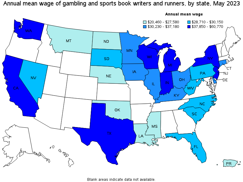 Map of annual mean wages of gambling and sports book writers and runners by state, May 2023
