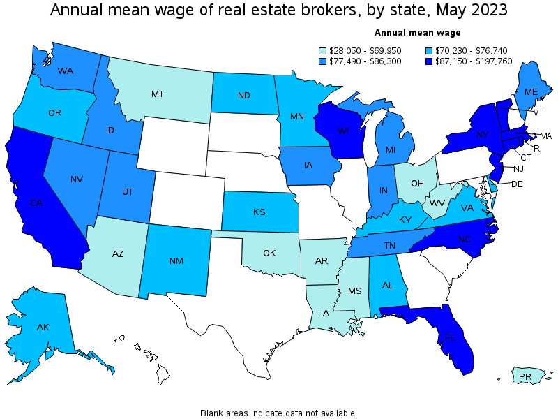 Map of annual mean wages of real estate brokers by state, May 2023