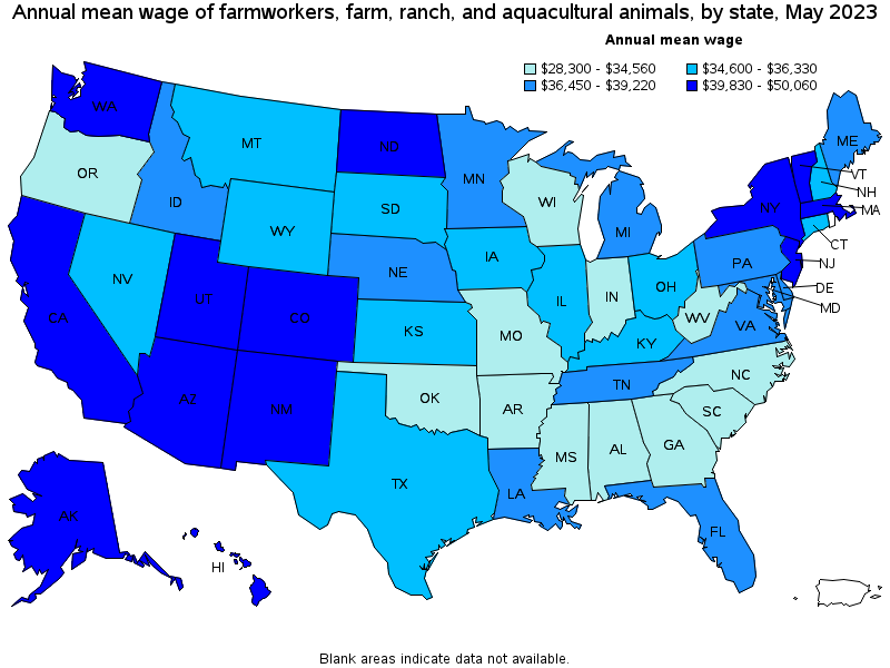 Map of annual mean wages of farmworkers, farm, ranch, and aquacultural animals by state, May 2023