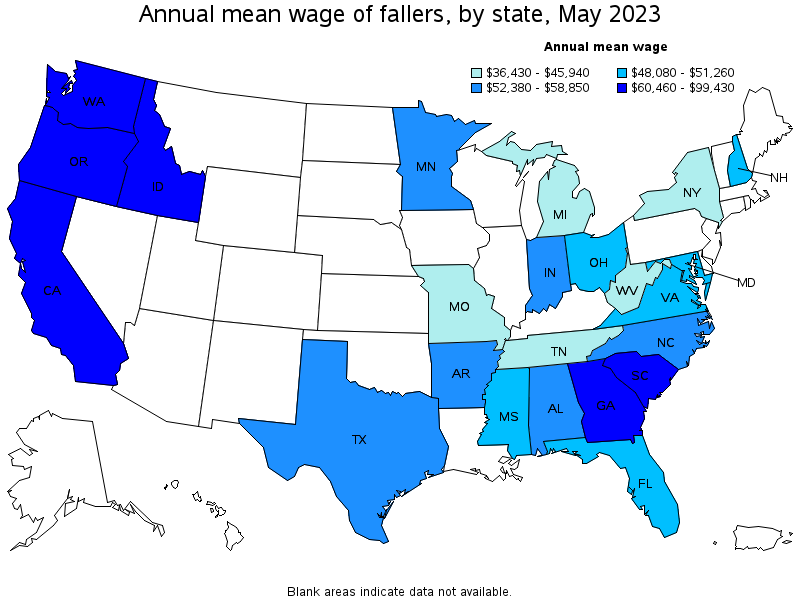 Map of annual mean wages of fallers by state, May 2023