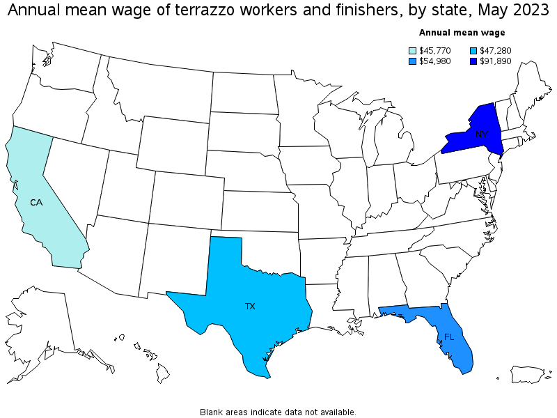 Map of annual mean wages of terrazzo workers and finishers by state, May 2023