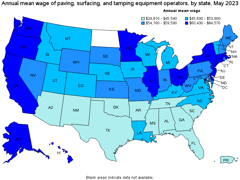 Map of annual mean wages of paving, surfacing, and tamping equipment operators by state, May 2023