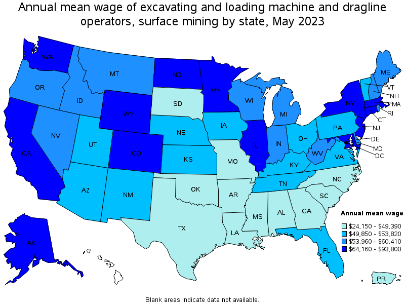 Map of annual mean wages of excavating and loading machine and dragline operators, surface mining by state, May 2023