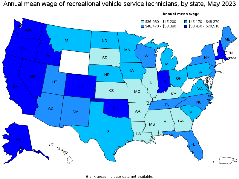 Map of annual mean wages of recreational vehicle service technicians by state, May 2023