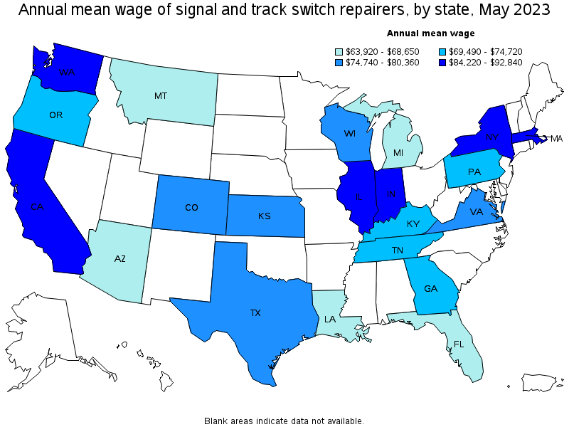 Map of annual mean wages of signal and track switch repairers by state, May 2023