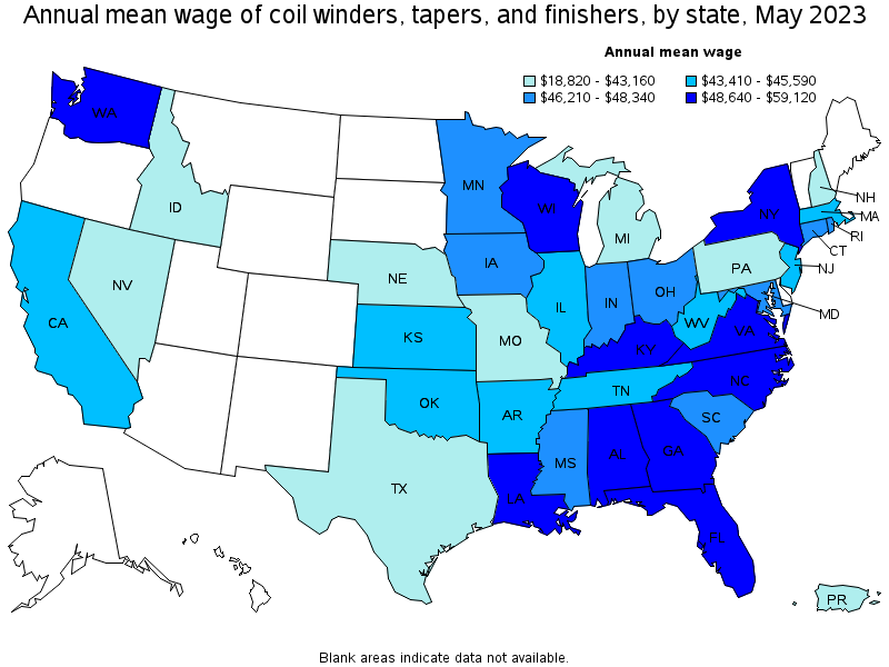 Map of annual mean wages of coil winders, tapers, and finishers by state, May 2023