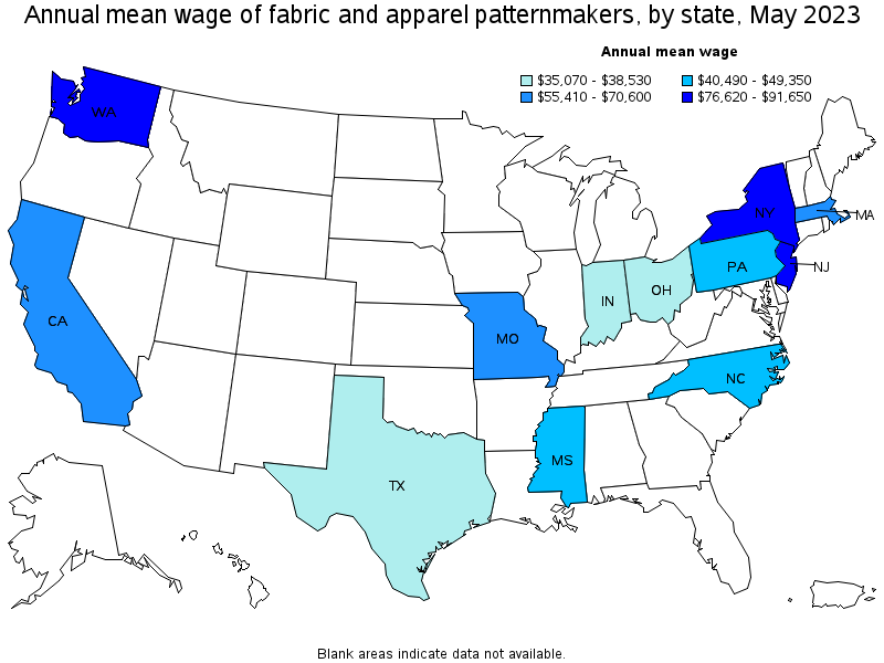 Map of annual mean wages of fabric and apparel patternmakers by state, May 2023