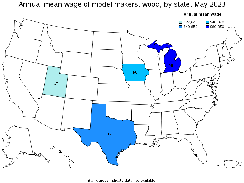 Map of annual mean wages of model makers, wood by state, May 2023
