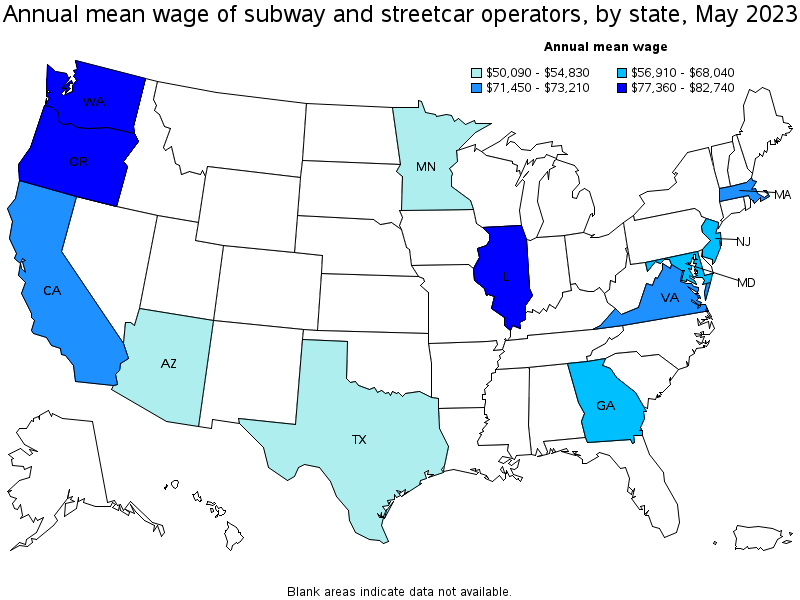 Map of annual mean wages of subway and streetcar operators by state, May 2023