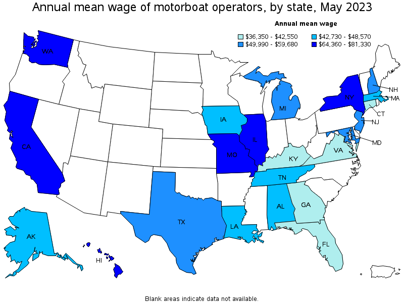 Map of annual mean wages of motorboat operators by state, May 2023